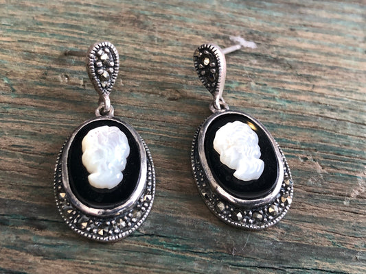 Vintage Sterling Silver, Marcasite, Onyx & Mother of Pearl Cameo Dangle Post Earrings