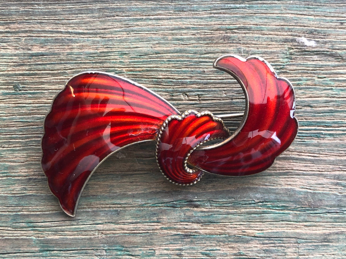 Vintage Sterling Silver Norwegian Red Enamel Modernist Flourish Brooch