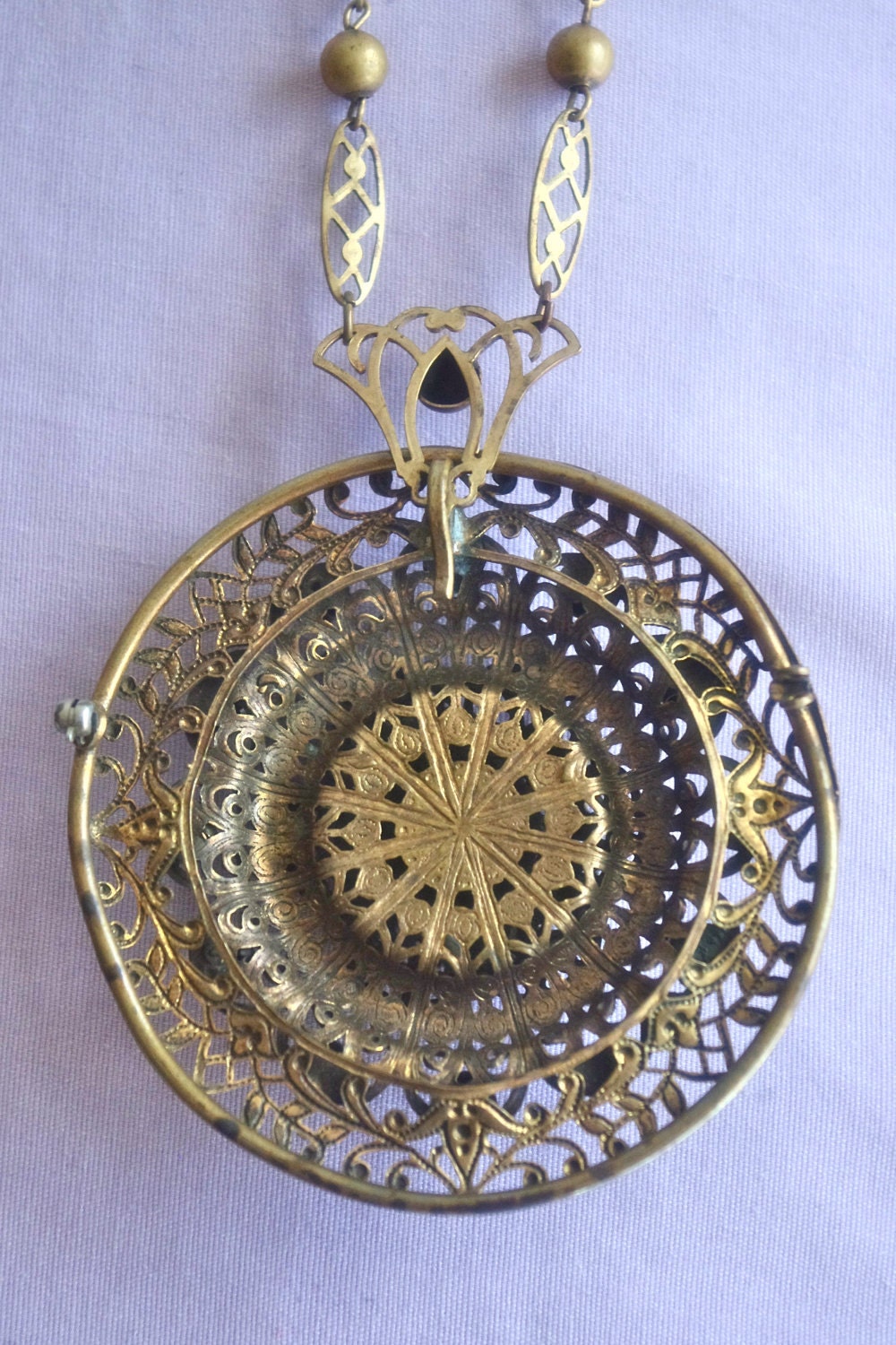 Steampunk Victorian Brass Filigree Czechoslovakian Removable Pendant Necklace