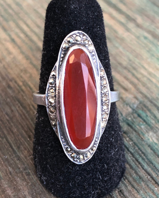 Vintage Art Deco Carnelian & Marcasite Long Oval Sterling Ring
