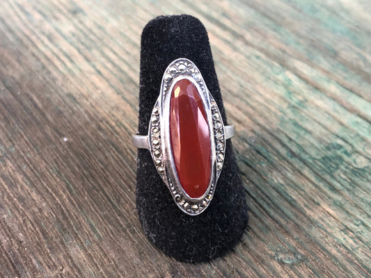 Vintage Art Deco Carnelian & Marcasite Long Oval Sterling Ring