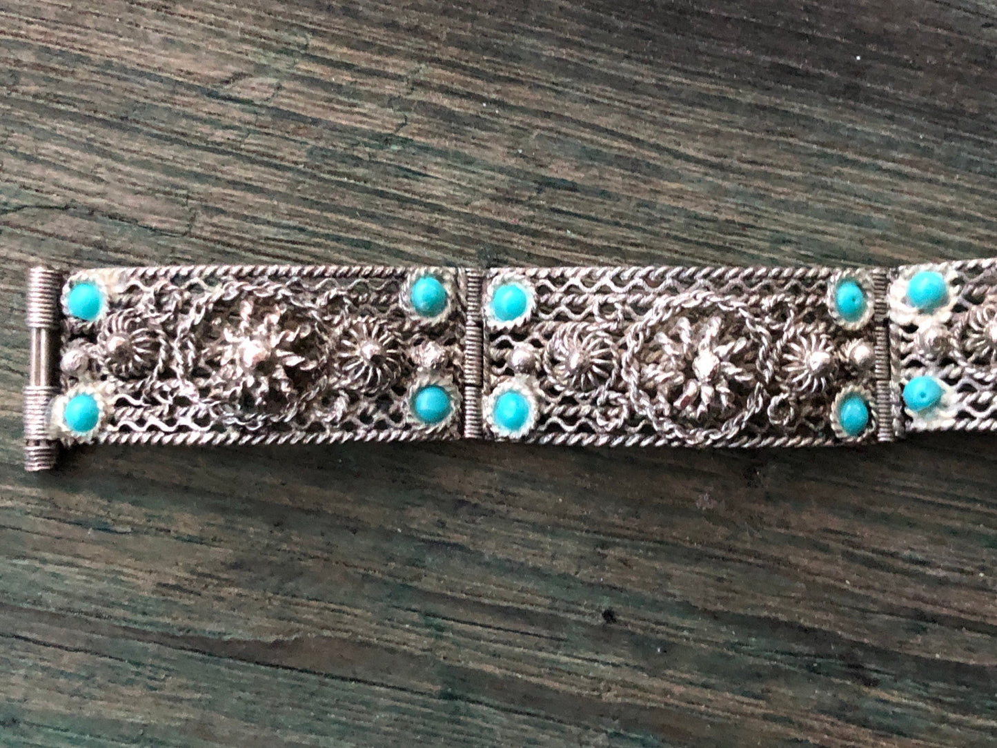 Antique Sterling Filigree & Turquoise Glass Panel Pin Hinged Bracelet