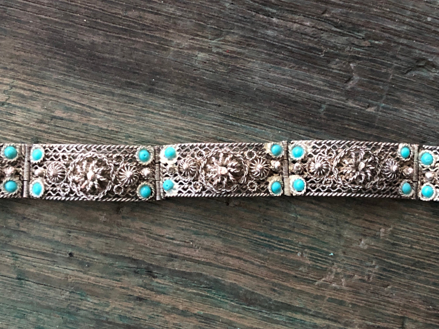 Antique Sterling Filigree & Turquoise Glass Panel Pin Hinged Bracelet