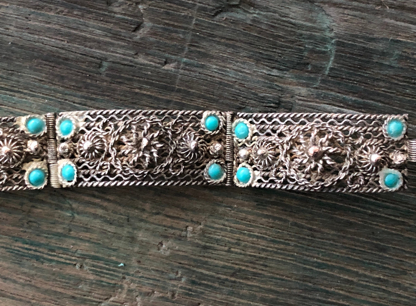 Antique Sterling Filigree & Turquoise Glass Panel Pin Hinged Bracelet