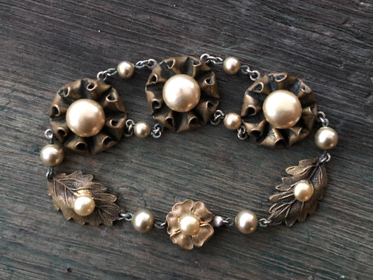 Antique Art Nouveau Brass Leaf & Pearl Flower Link Bracelet