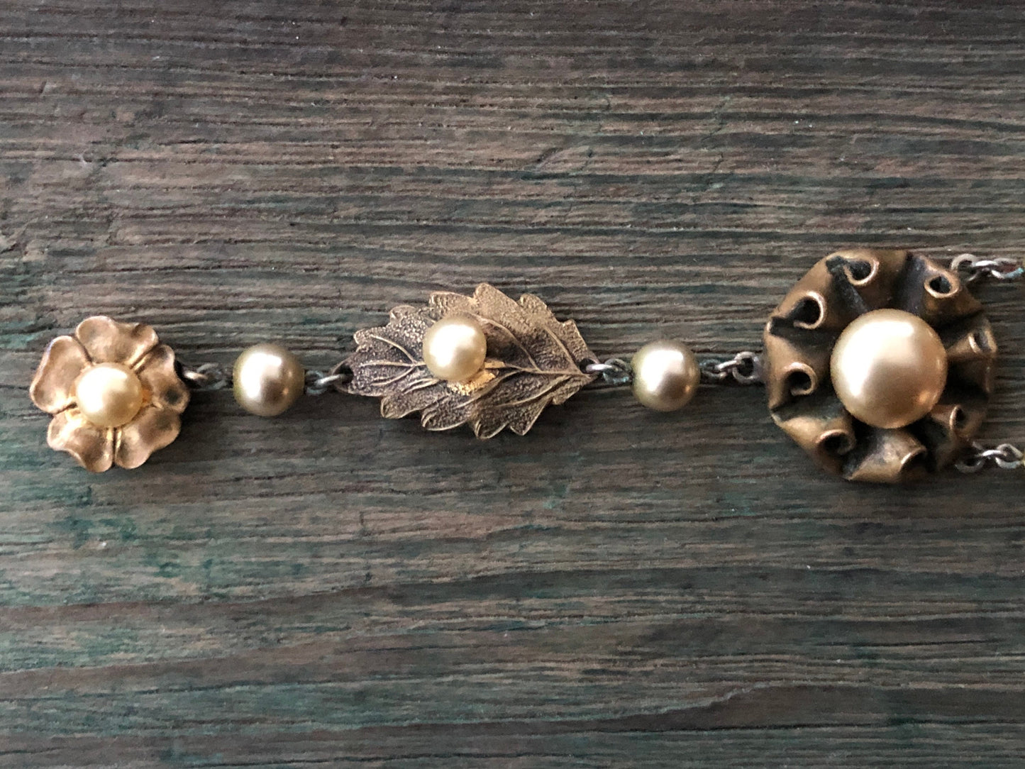 Antique Art Nouveau Brass Leaf & Pearl Flower Link Bracelet