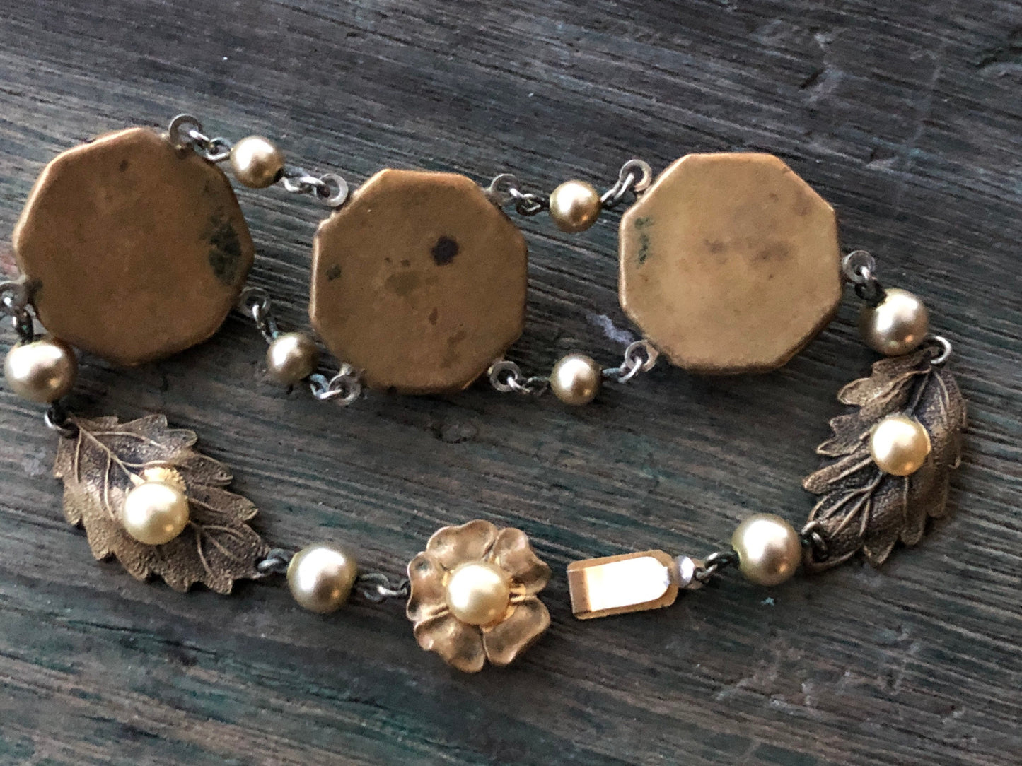 Antique Art Nouveau Brass Leaf & Pearl Flower Link Bracelet