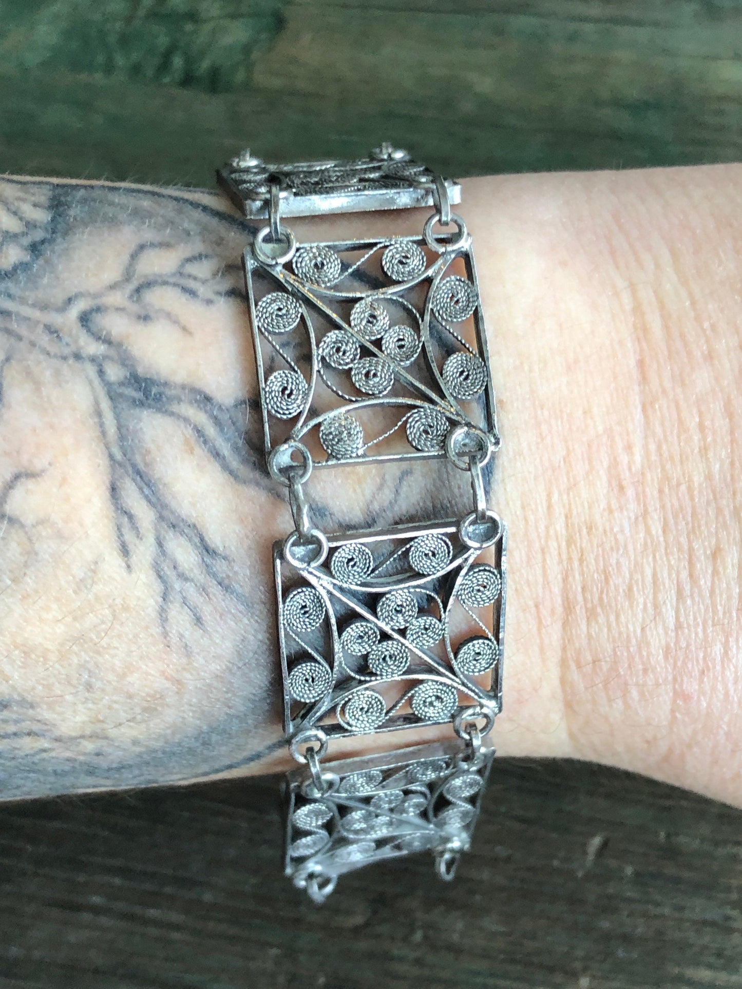 Vintage Victorian Sterling Silver Filigree Pin Hinge Panel Bracelet