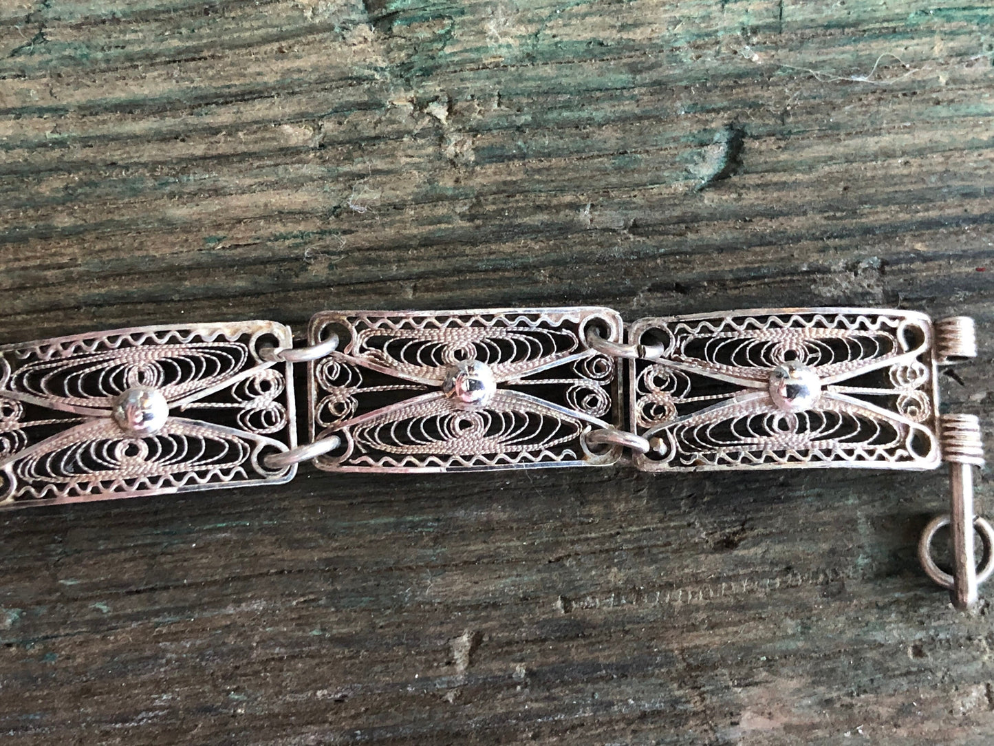 Vintage Sterling Silver Filigree Flower Pin Hinged Floral Filigree Panel Bracelet