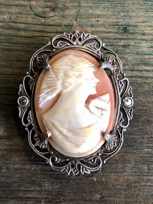 Vintage Sterling Silver & Marcasite Filigree Carved Shell Cameo Brooch