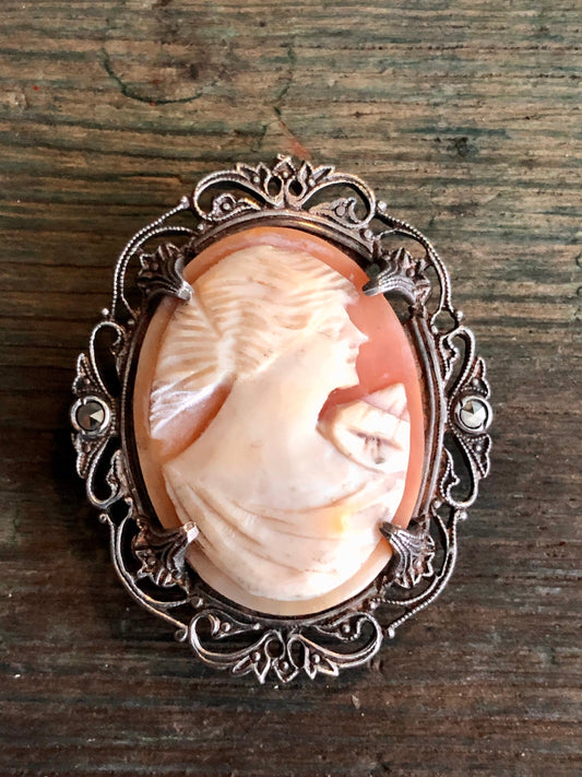 Vintage Sterling Silver & Marcasite Filigree Carved Shell Cameo Brooch