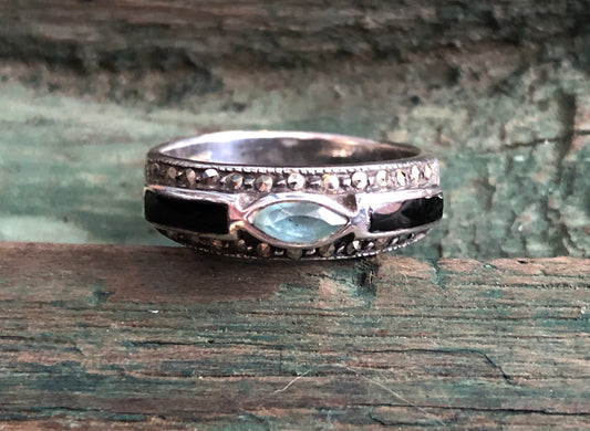 Vintage Aquamarine & Onyx Sterling Silver with Marcasite Multi Stone Band Ring