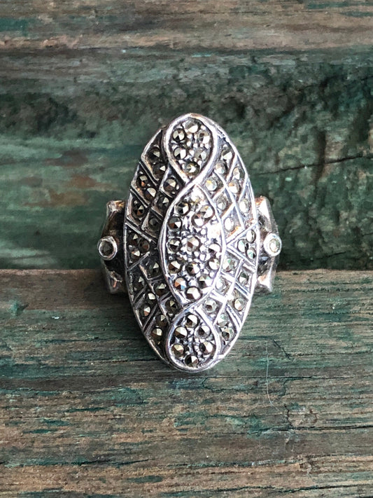 Vintage Art Deco Sterling Silver & Marcasite Geometric Long Finger Ring