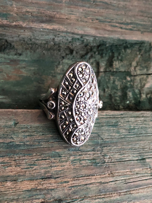 Vintage Art Deco Sterling Silver & Marcasite Geometric Long Finger Ring