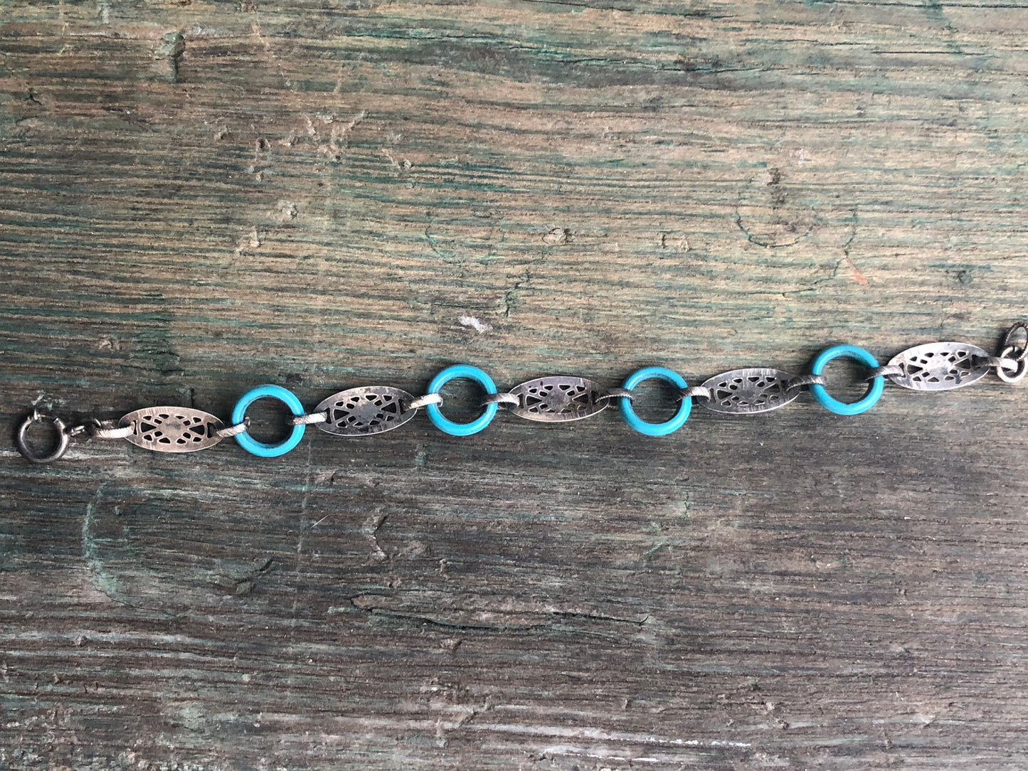 Vintage Sterling Silver & Turquoise Early Plastic O Loops Bracelet