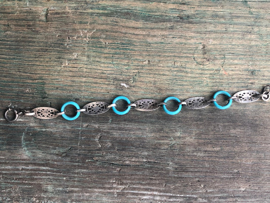 Vintage Sterling Silver & Turquoise Early Plastic O Loops Bracelet