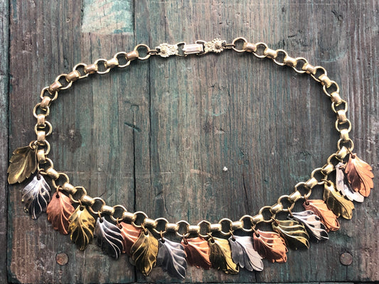 Vintage Mixed Tri Metal Embossed Leaf Charm Necklace : Copper, Brass & Silver