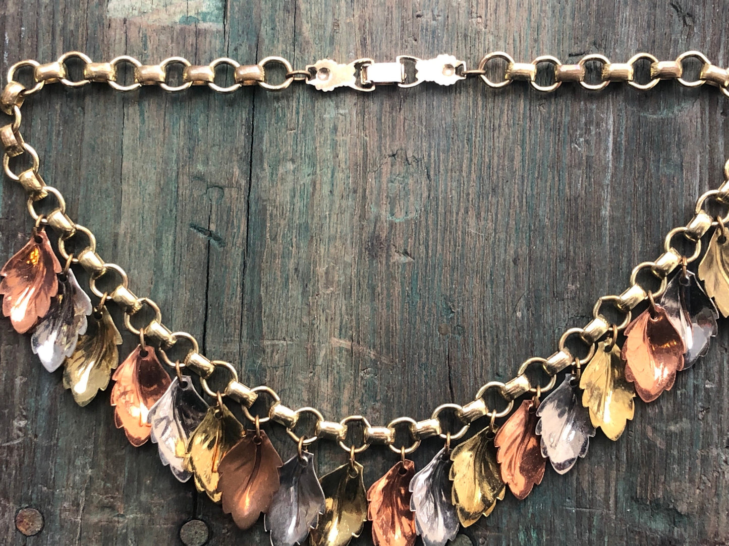 Vintage Mixed Tri Metal Embossed Leaf Charm Necklace : Copper, Brass & Silver