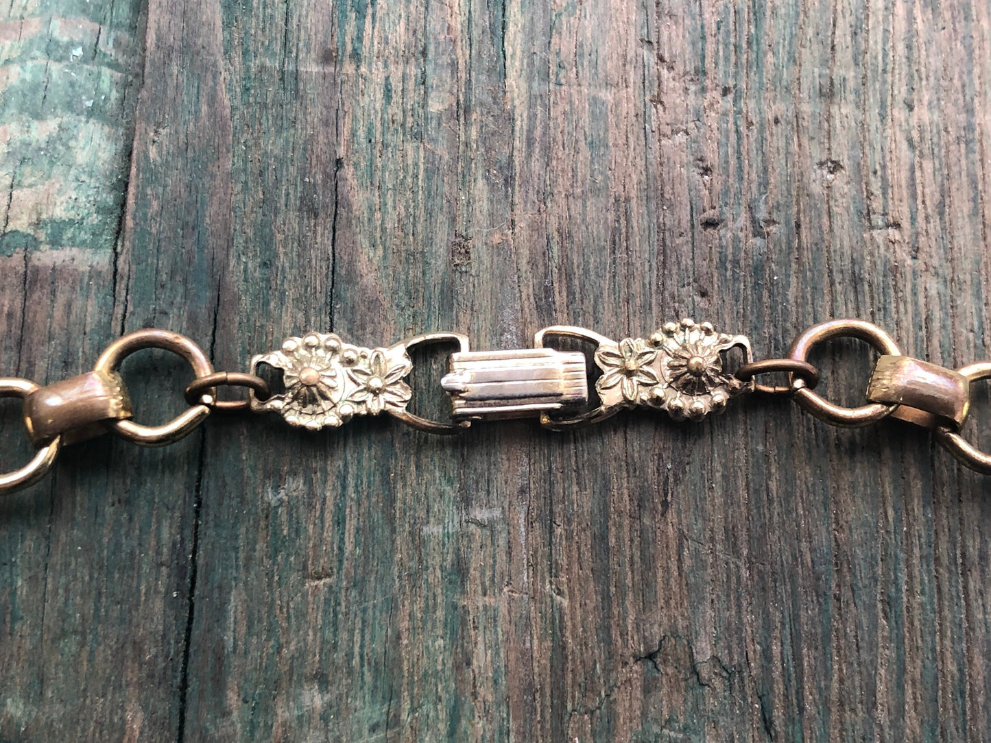 Vintage Mixed Tri Metal Embossed Leaf Charm Necklace : Copper, Brass & Silver