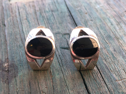 Vintage Modernist Geometric Onyx Half Hoop Pierced Post Earrings