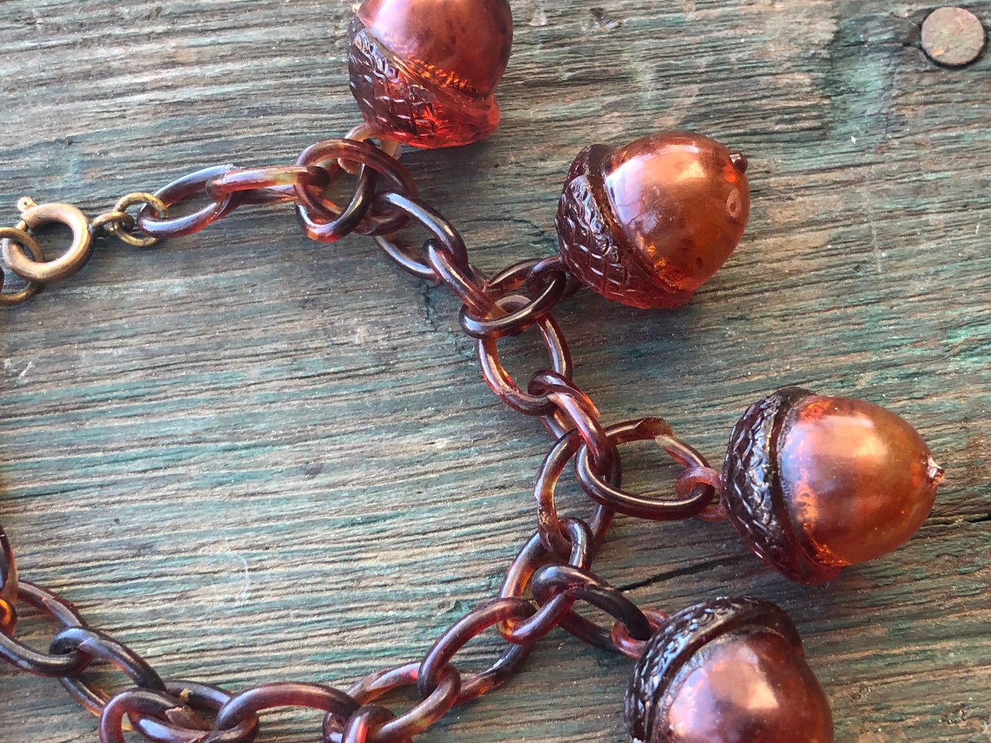Antique Early Celluloid Plastic Hollow Tortoise Shell Acorn Charms on Plastic Link Bracelet