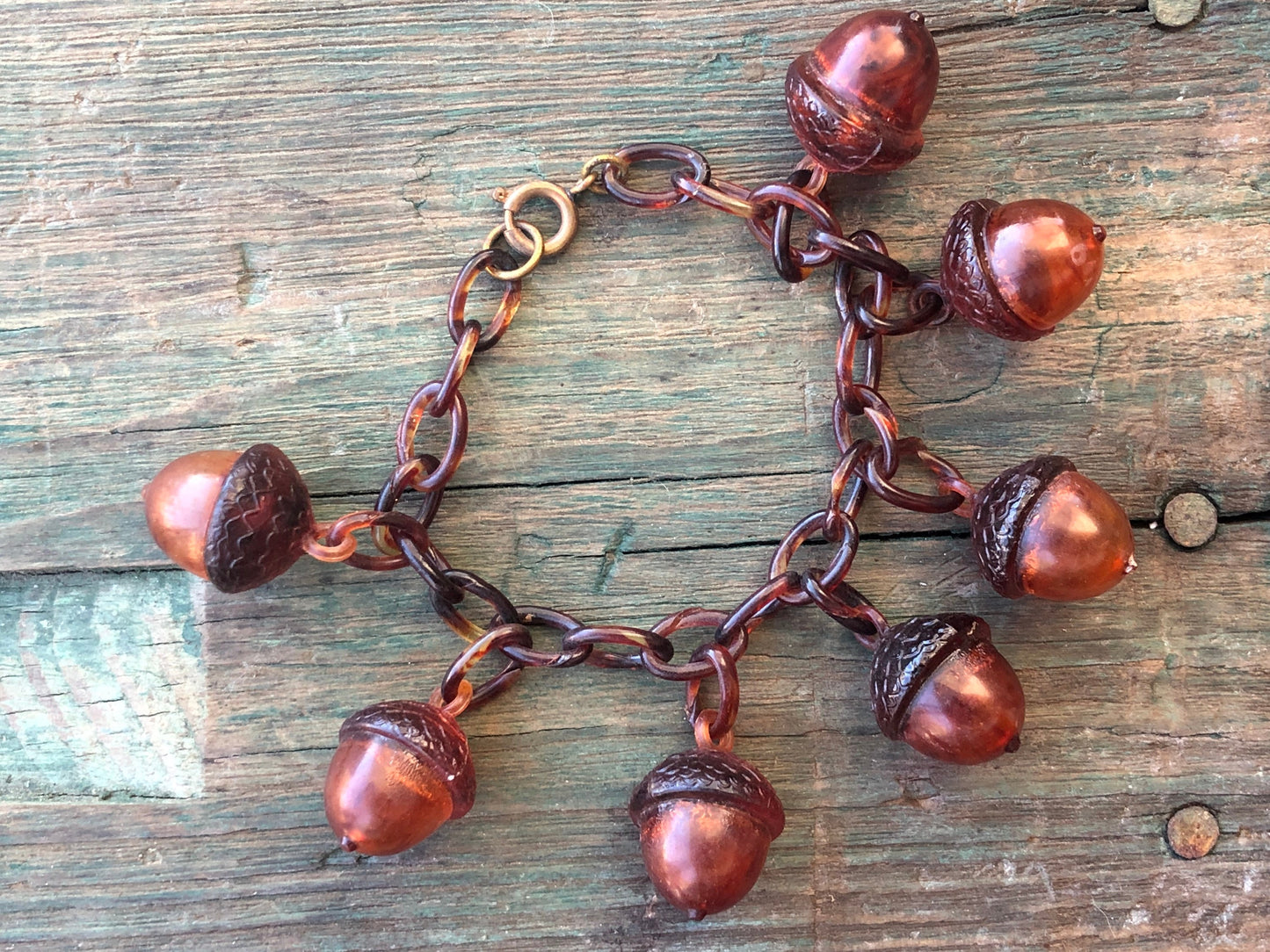 Antique Early Celluloid Plastic Hollow Tortoise Shell Acorn Charms on Plastic Link Bracelet