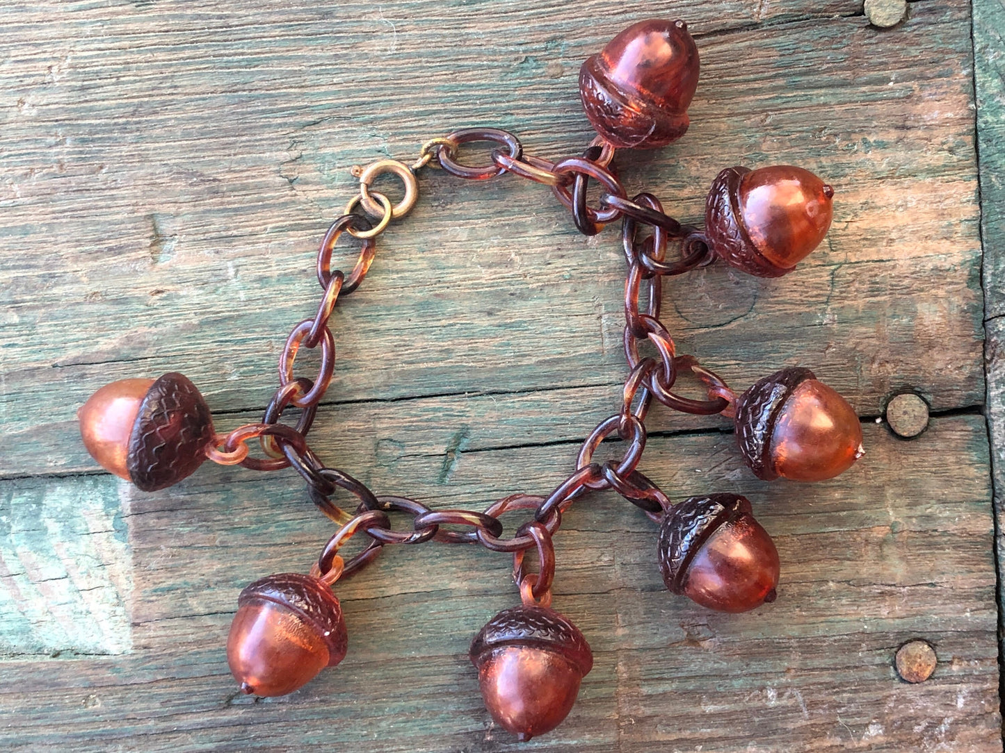 Antique Early Celluloid Plastic Hollow Tortoise Shell Acorn Charms on Plastic Link Bracelet