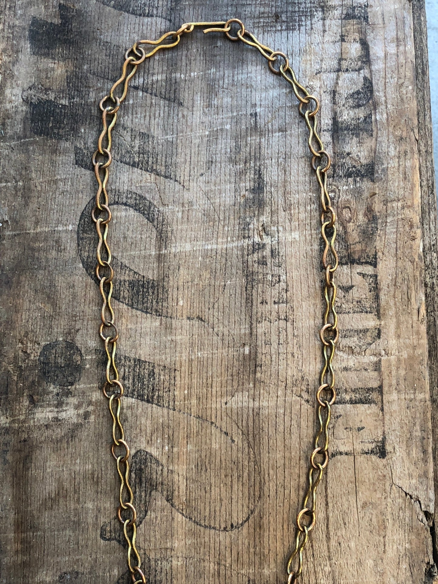 Vintage Mexican Mixed Metal Copper & Brass with Green Jade Agate Gemstone Necklace