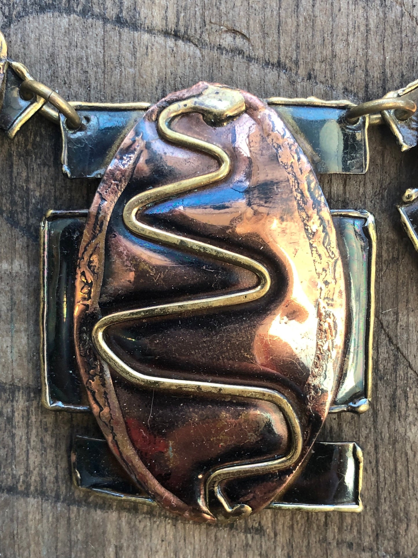 Vintage Mixed Metal Barbaric Arts & Crafts Copper, Brass and Silver Snake Necklace