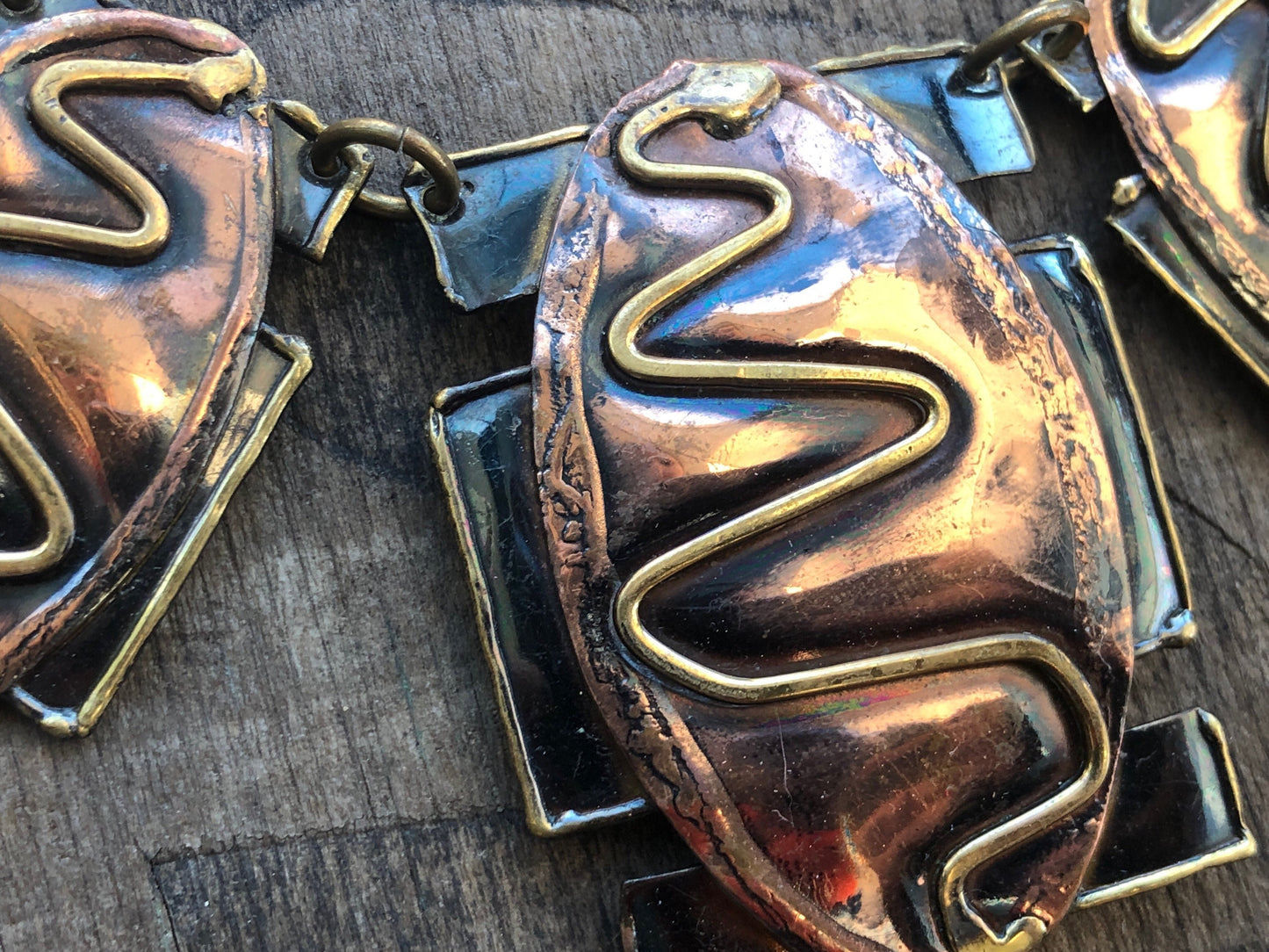 Vintage Mixed Metal Barbaric Arts & Crafts Copper, Brass and Silver Snake Necklace