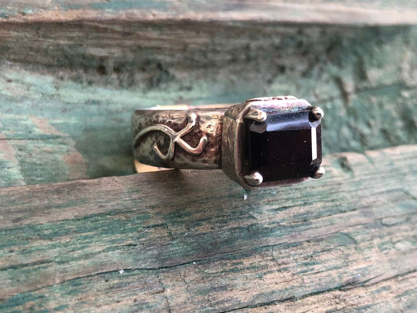 Vintage Red Garnet Chunky Hammered Unique Sterling Silver Ring