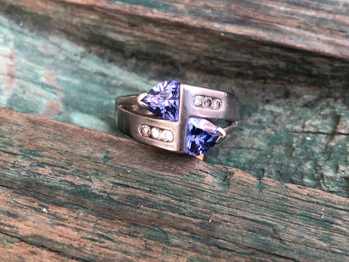 Vintage Purple Blue Triangle Tanzanite & Topaz Gemstone Sterling Ring