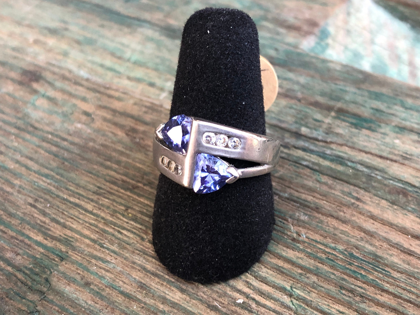 Vintage Purple Blue Triangle Tanzanite & Topaz Gemstone Sterling Ring