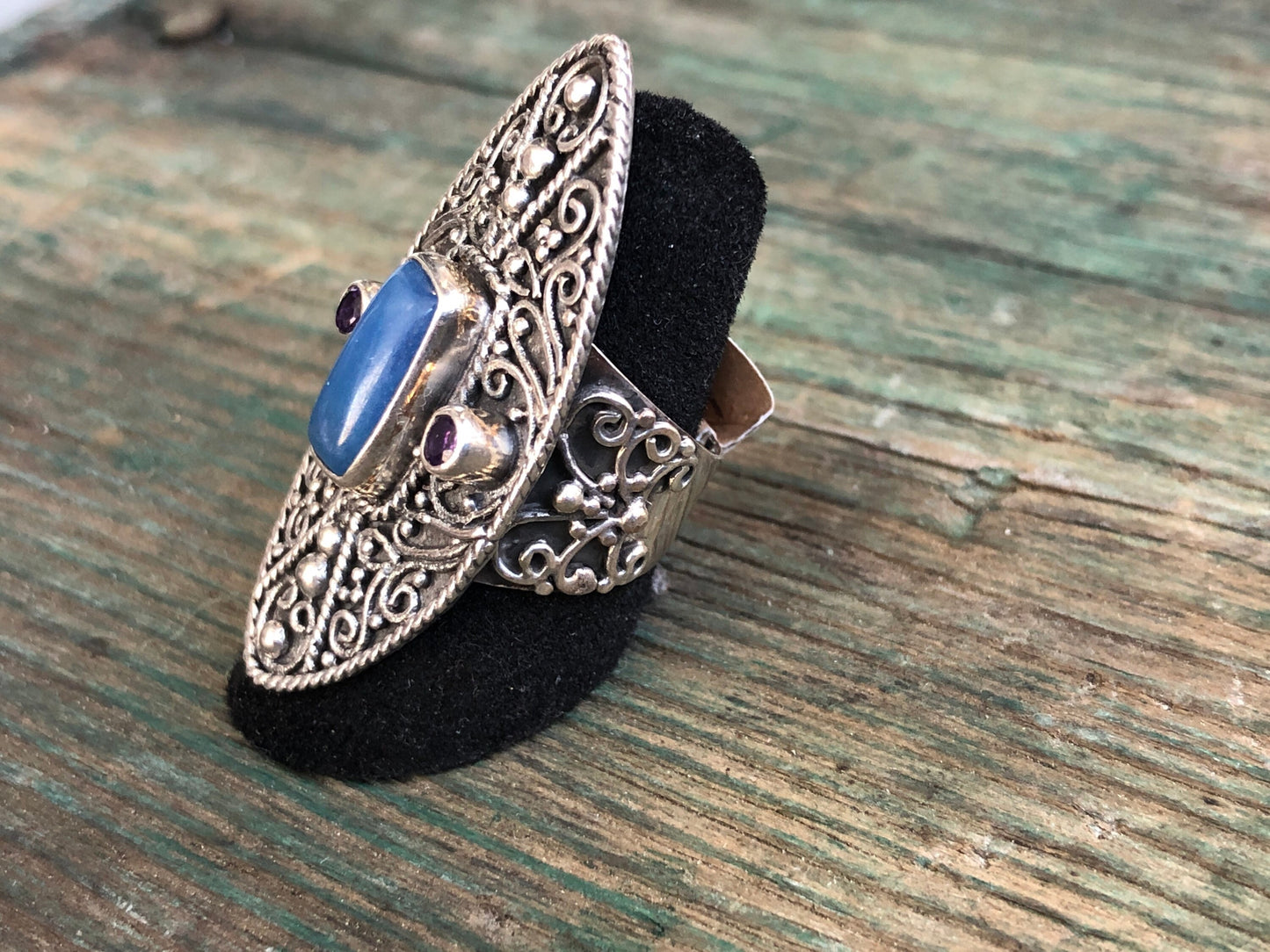 Vintage Blue Jadeite & Amethyst Long Ornate Moroccan Sterling Silver Ring