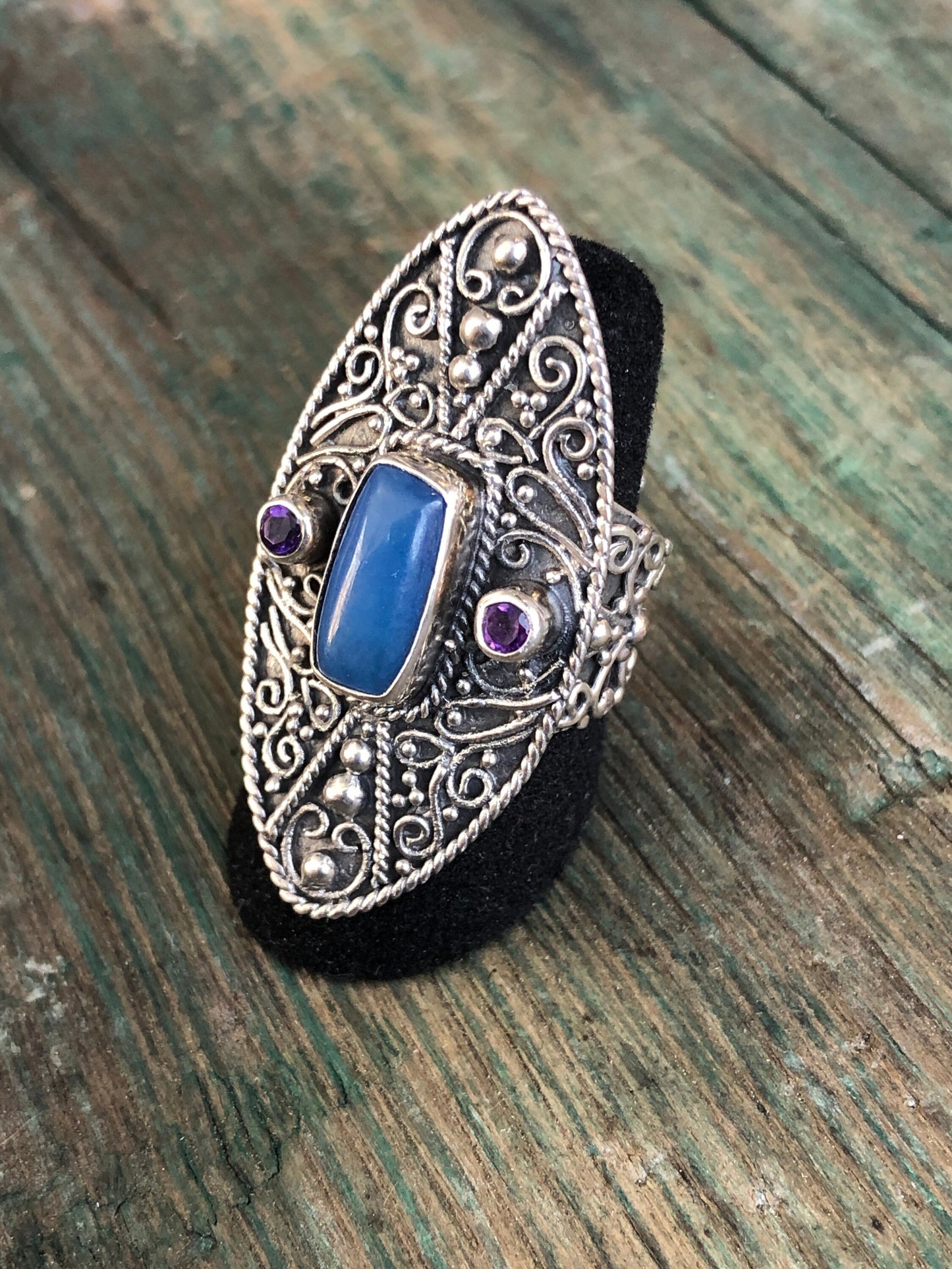 Vintage Blue Jadeite & Amethyst Long Ornate Moroccan Sterling Silver Ring
