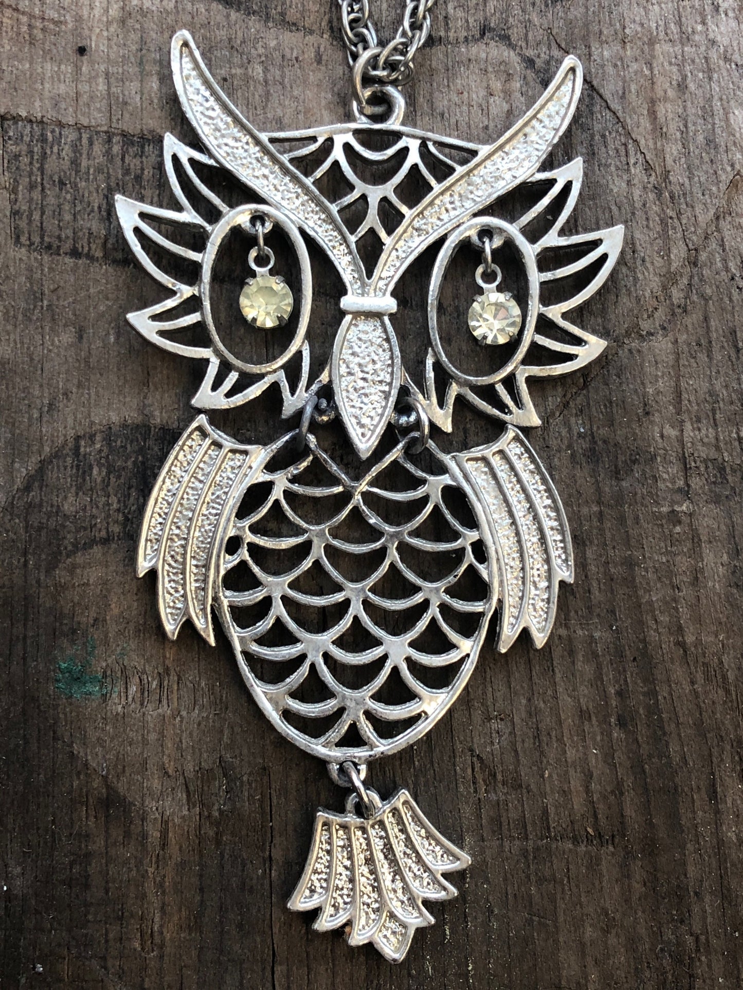 Vintage Silver Crystal Eye Owl Pendant Necklace