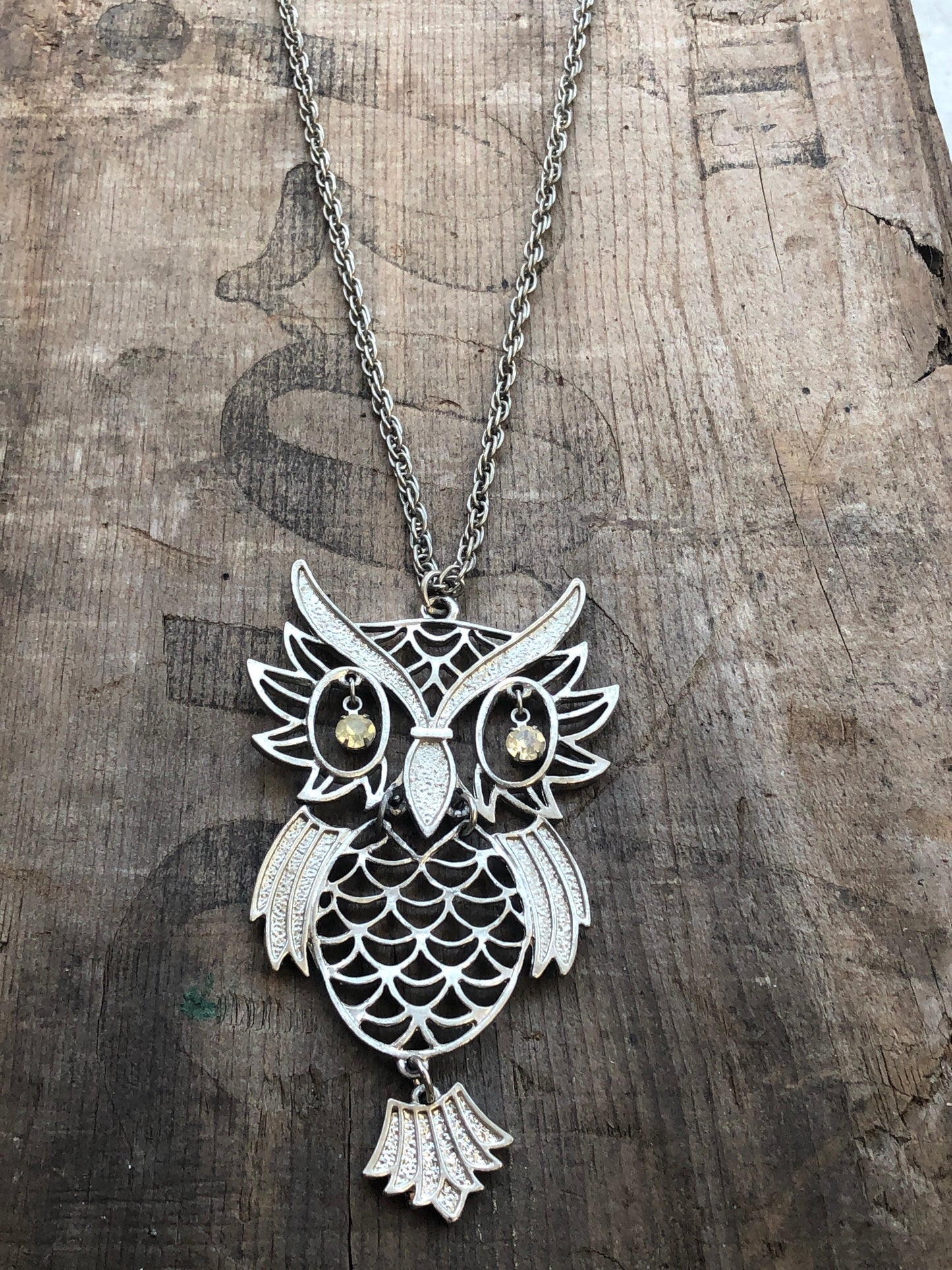 Vintage Silver Crystal Eye Owl Pendant Necklace