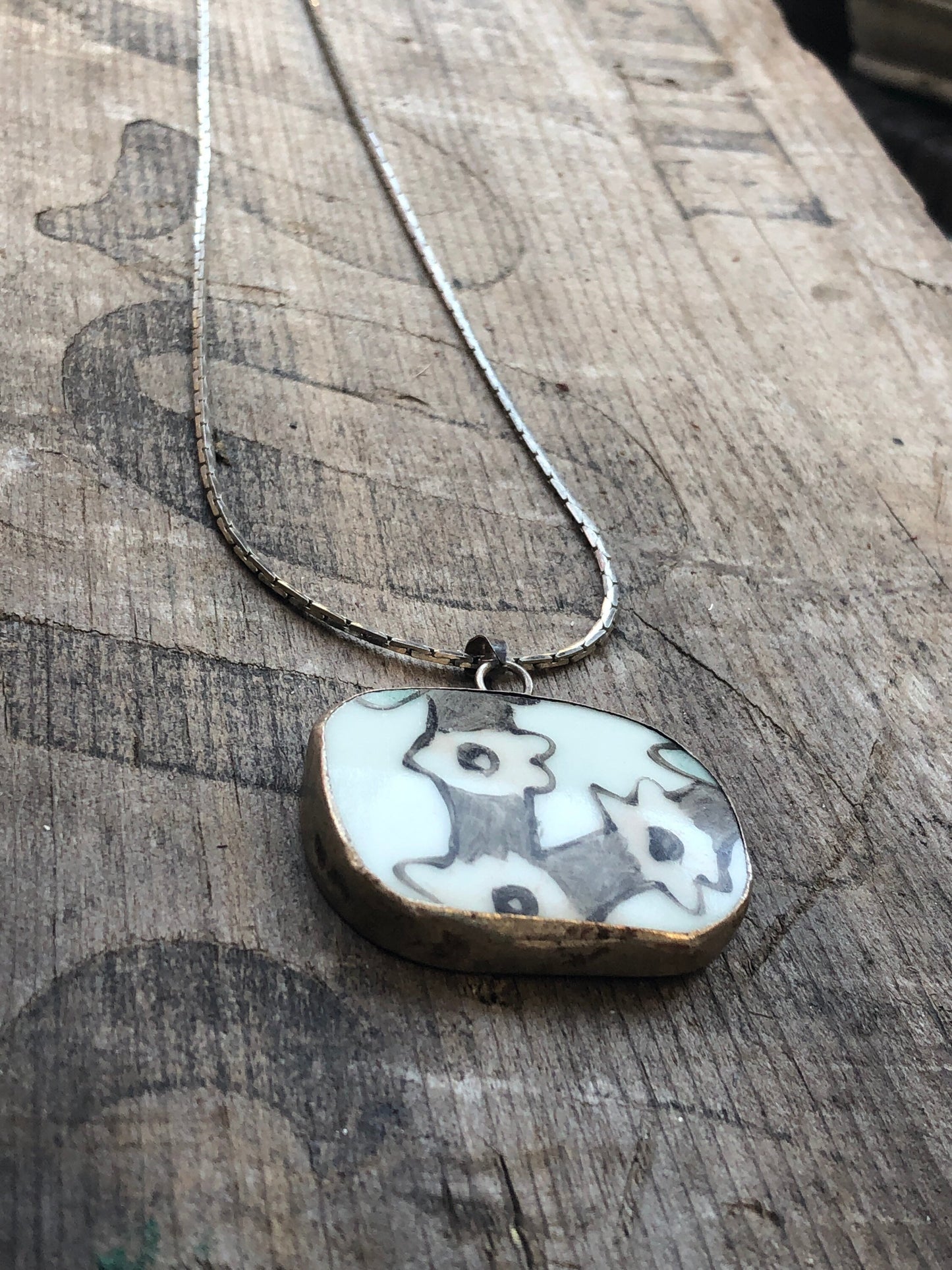Vintage Silver & White Porcelain Hand Painted Black and Grey Flower Pendant Necklace
