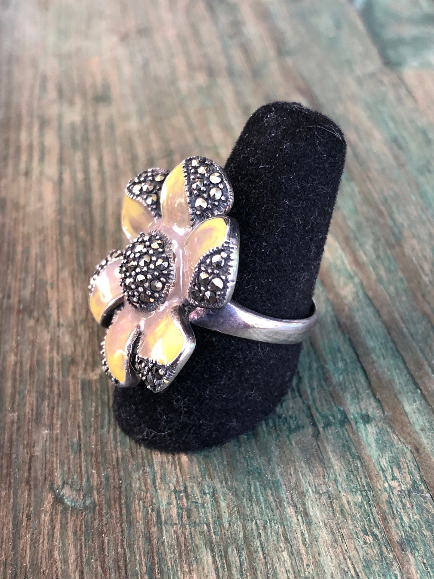 Super Unique Yellow and Grey Enamel Sterling Silver & Marcasite Flower Ring
