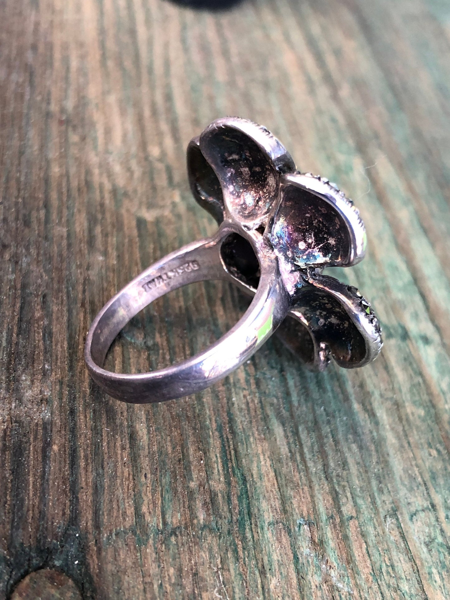 Super Unique Yellow and Grey Enamel Sterling Silver & Marcasite Flower Ring