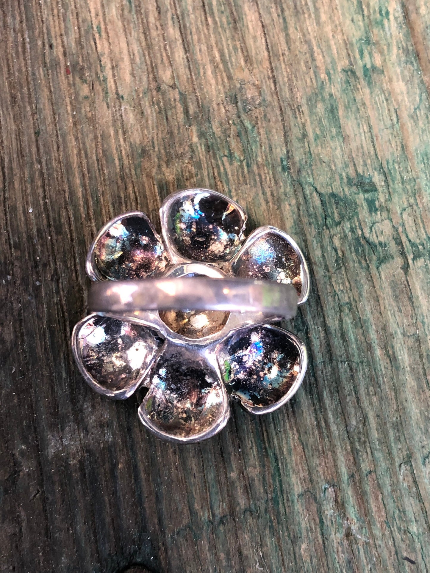 Super Unique Yellow and Grey Enamel Sterling Silver & Marcasite Flower Ring