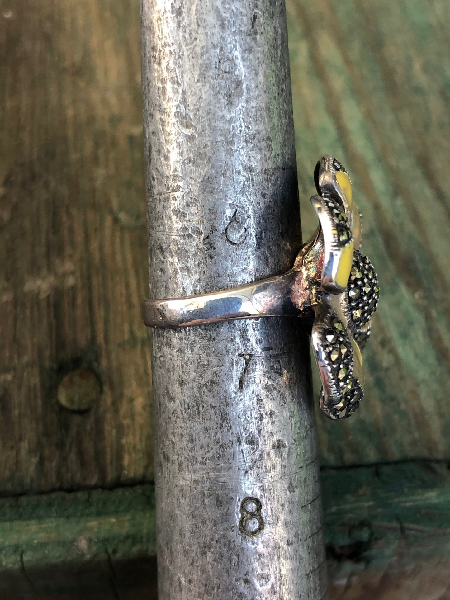 Super Unique Yellow and Grey Enamel Sterling Silver & Marcasite Flower Ring
