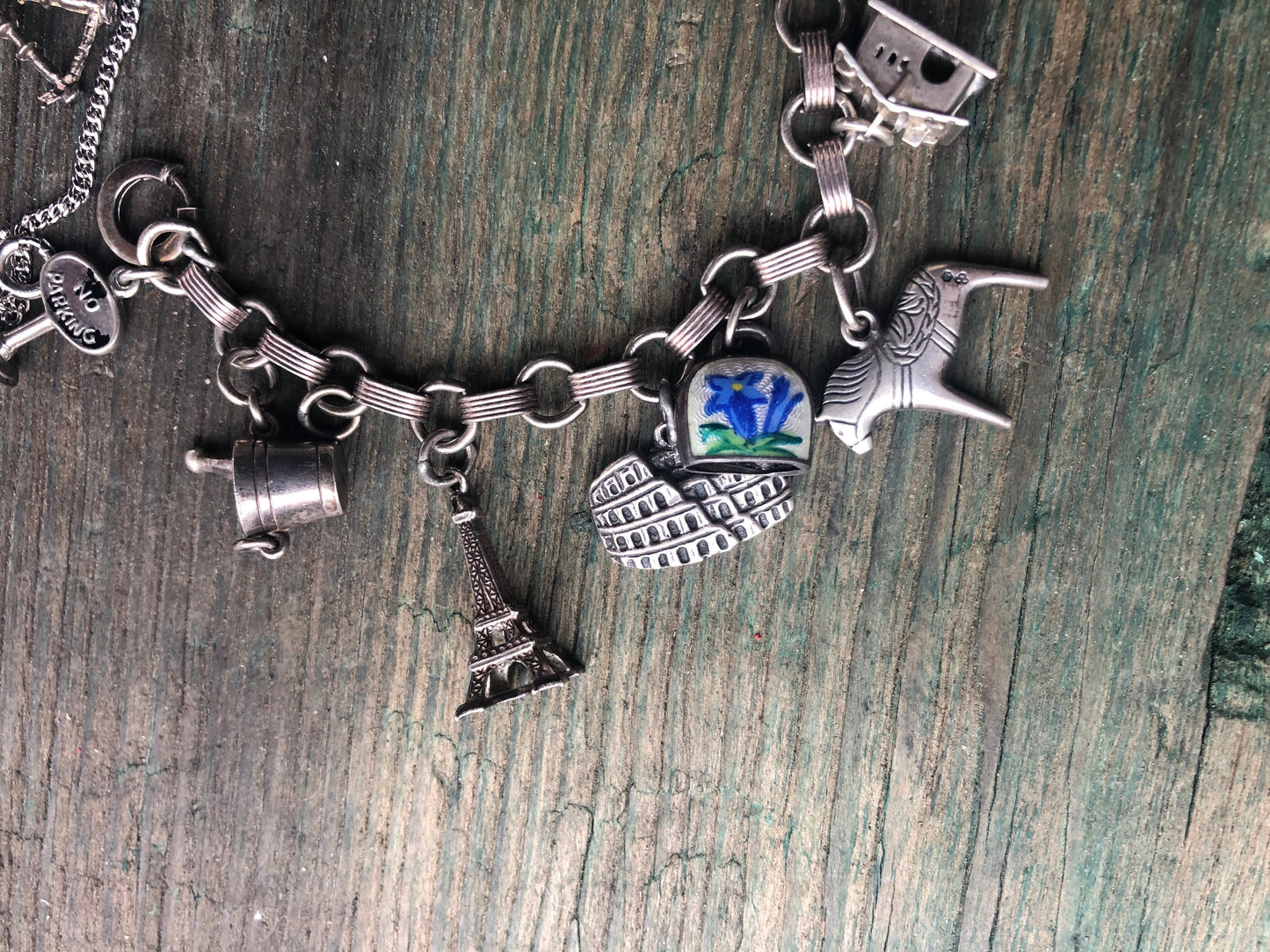 Vintage Sterling Silver Charm Bracelet with Windmill, Reindeer, Eiffel Tower, Bagpipes, Dutch Enamel Shoe, Champagne, Cabin & More