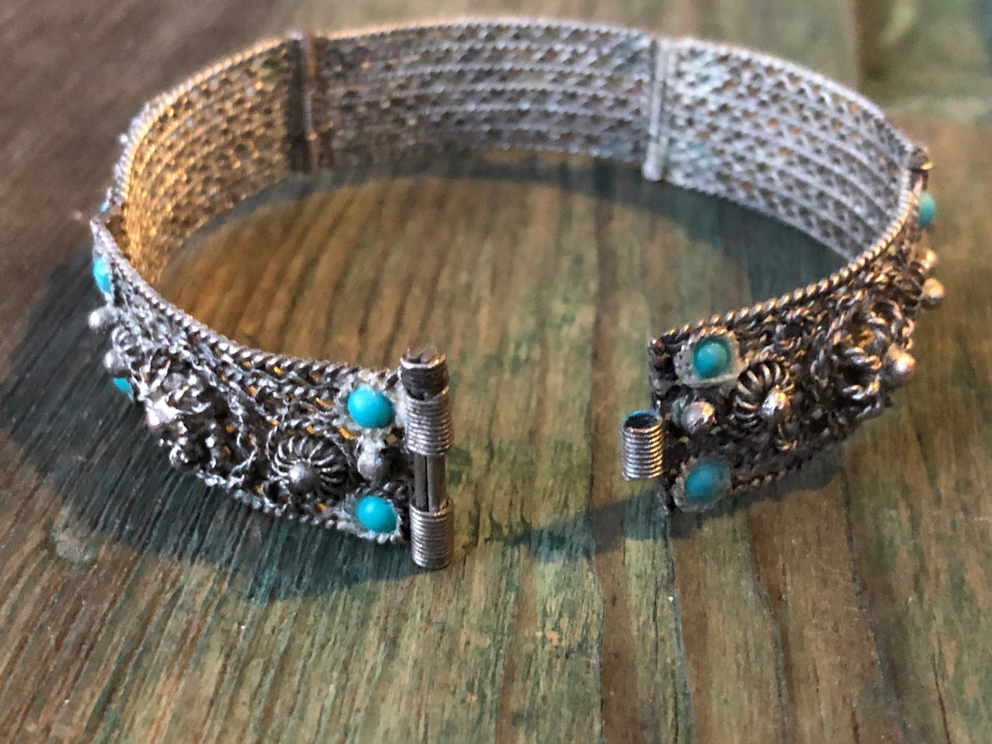 Antique Sterling Filigree & Turquoise Glass Panel Pin Hinged Bracelet