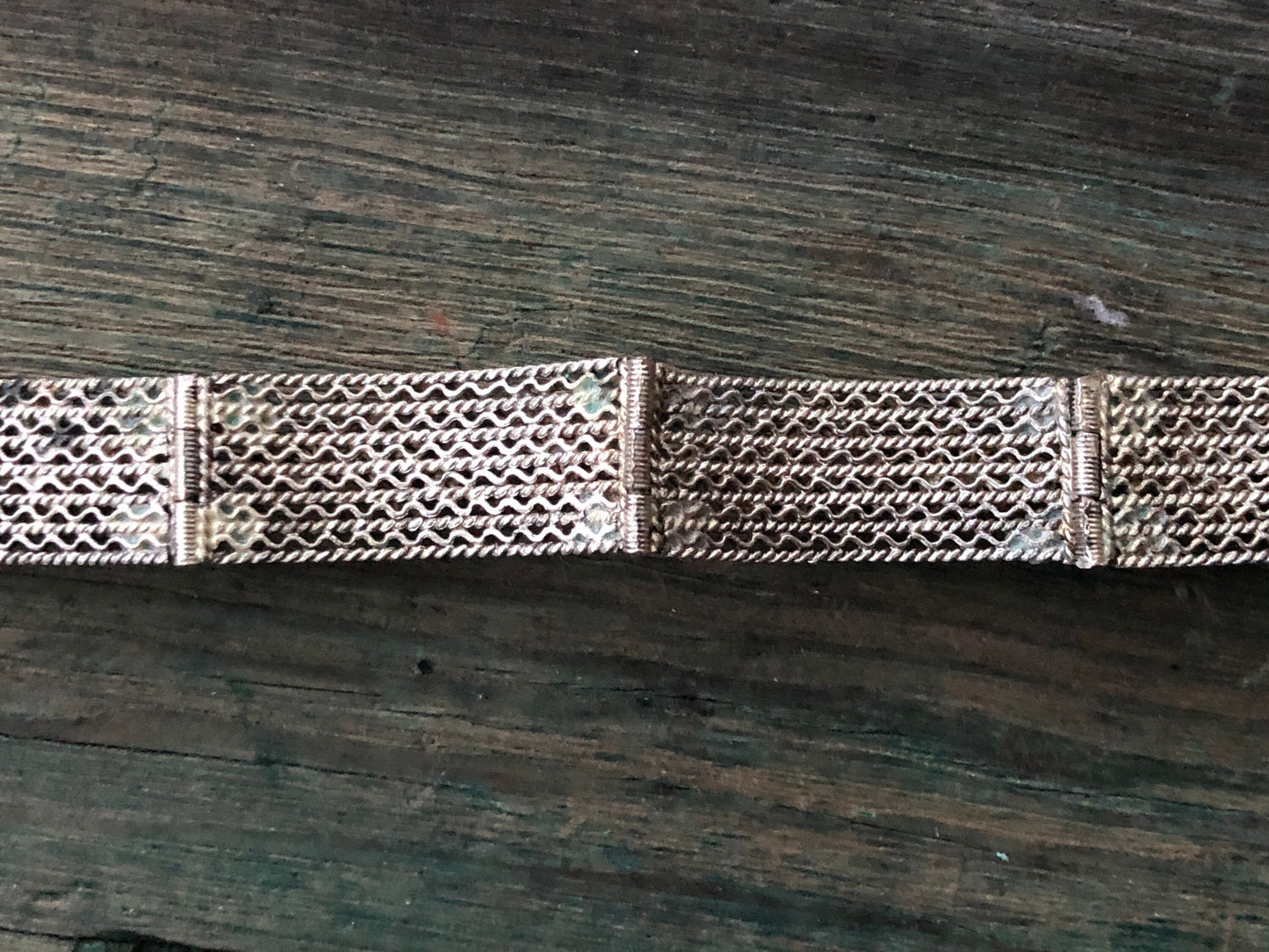 Antique Sterling Filigree & Turquoise Glass Panel Pin Hinged Bracelet