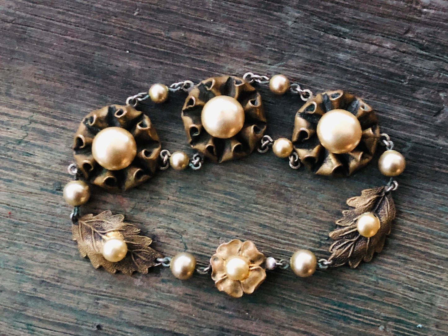 Antique Art Nouveau Brass Leaf & Pearl Flower Link Bracelet