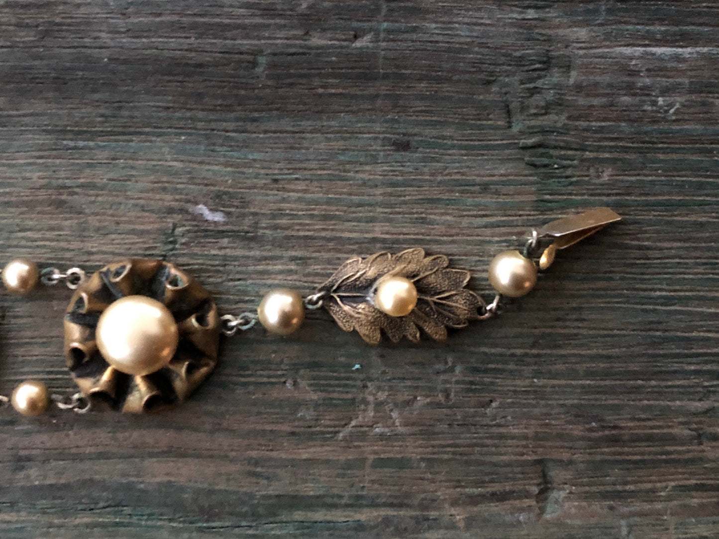 Antique Art Nouveau Brass Leaf & Pearl Flower Link Bracelet