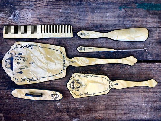 Antique 1920’s Marbleized Cream & Black Art Nouveau 6 pcs Vanity Set : Mirror, Brush & More
