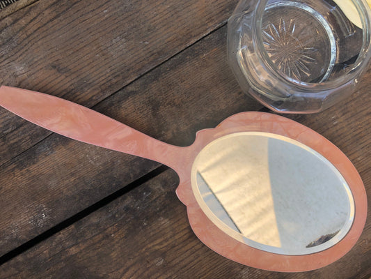 Vintage DuPont Pink Marbleized Vanity Set Mirror & Glass Jar