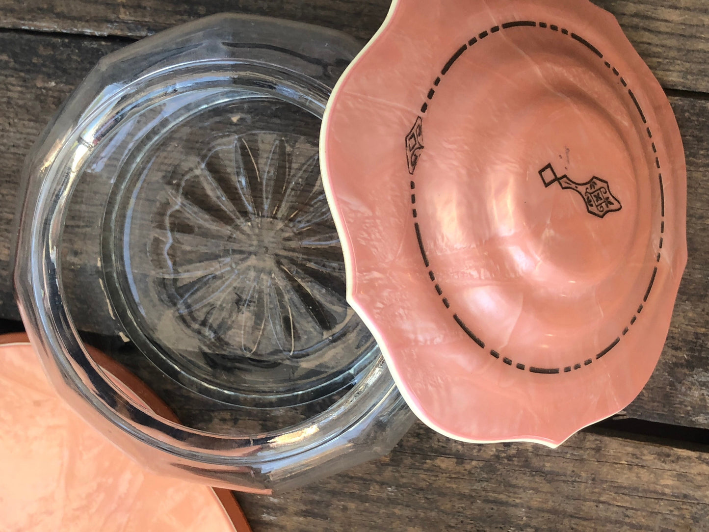 Vintage DuPont Pink Marbleized Vanity Set Mirror & Glass Jar